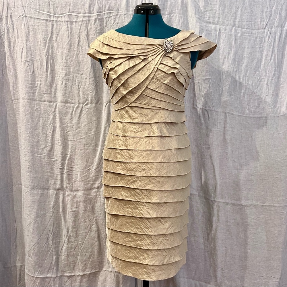 London Times Cream and Gold Off the Shoulder Sheath Midi Dress